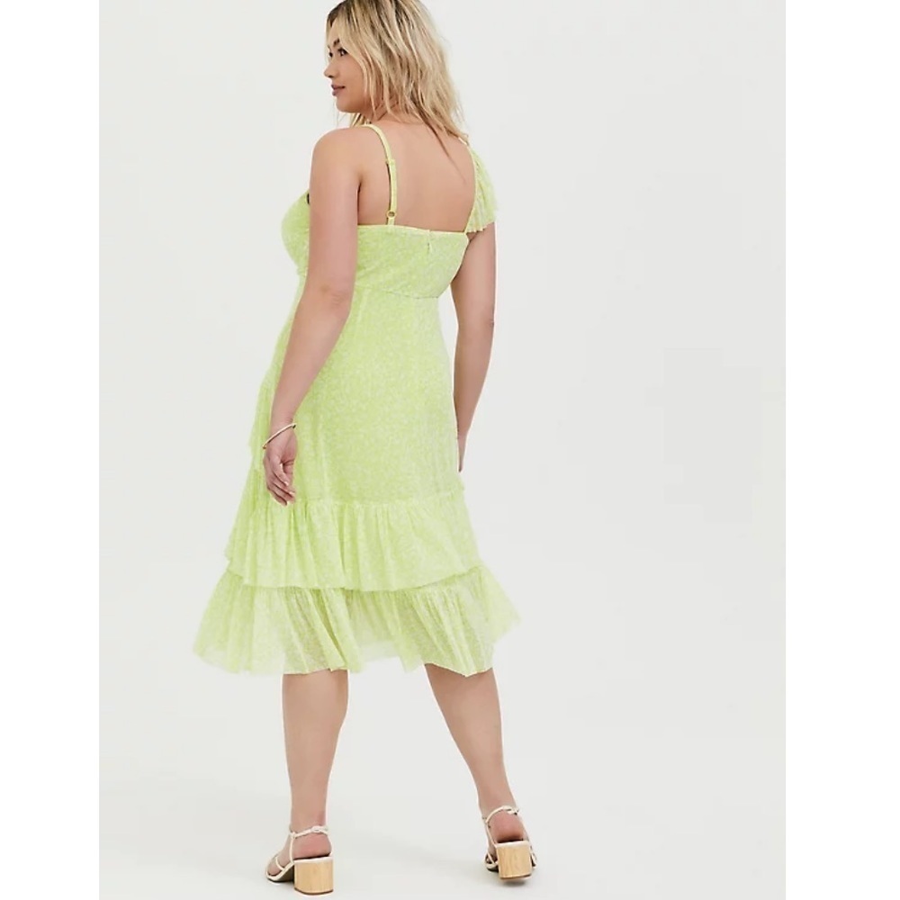 Torrid size 2 NEON YELLOW MESH FLORAL RUFFLE MIDI DRESS - Picture 3 of 11